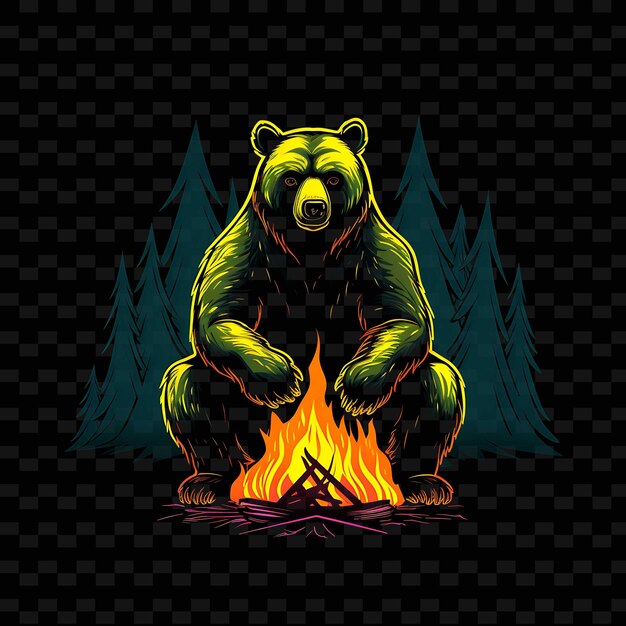 PSD bear wilderness retreat eckige neonlinien lagerfeuer pelz bo png y2k formen transparente lichtkunst