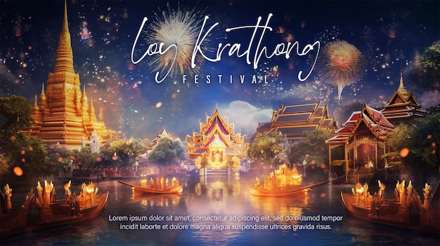 PSD bearbeitbarer psd-hintergrund des happy loy krathong festivals in thailand mit goldenem tempel und feuerwerk