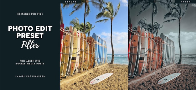 Bearbeitbarer tropischer sommer-fotobearbeitungsfilter, voreingestellt für strandreisefotografie