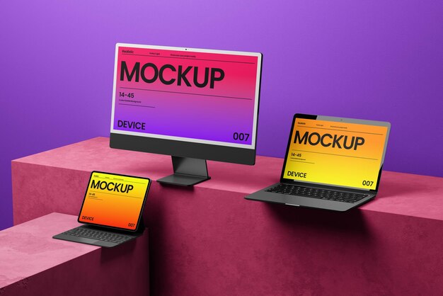 Bearbeitbares Farb-Laptop-Tablet und Computer-Mockup
