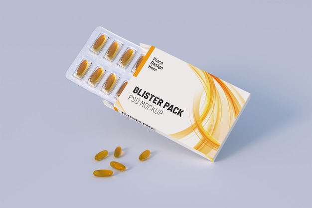 Bearbeitbares Mockup von Fischöl-Omega-3-Goldkapseln in einer Blisterpackung 3D-Darstellung