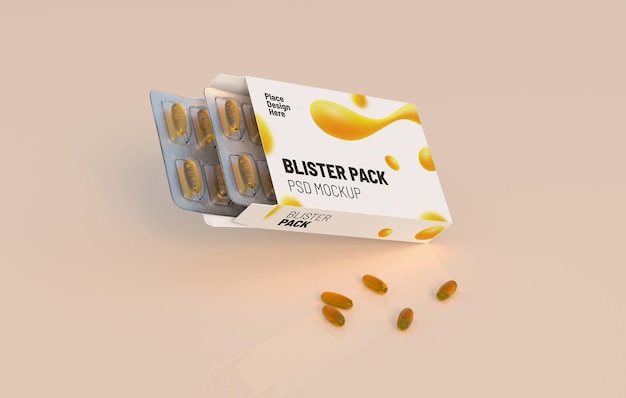 Bearbeitbares Mockup von Fischöl-Omega-3-Goldkapseln in zwei Blisterpackungen 3D-Rendering