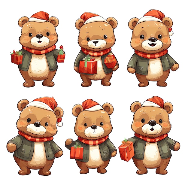 PSD bears clipart-kollektion, die die freudige essenz des winterfestes auf weißem hintergrund darstellt