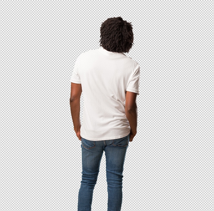PSD beau afro-américain montrant en arrière, posant et en attente, regardant en arrière