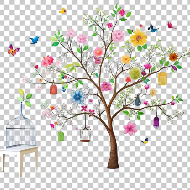 PSD un beau arbre solitaire et des fleurs sur un fond transparent