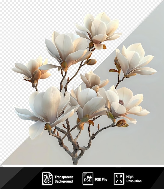 PSD un beau bouquet de fleurs de magnolia dans un vase en verre transparent