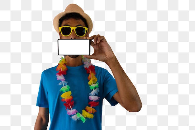 PSD beau jeune homme noir avec des lunettes habillé pour le carnaval du brésil