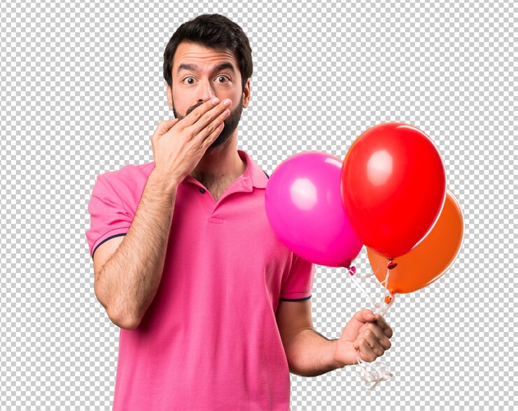 PSD beau jeune homme tenant des ballons et couvrant sa bouche