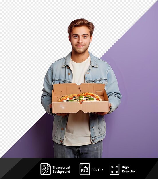 PSD un beau jeune homme tenant une boîte avec de la pizza fraîche devant un mur violet png psd