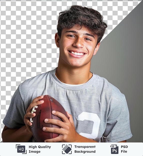 PSD beau jeune joueur de football homme aux cheveux bruns gros nez et visage souriant pose pour une photo tenant un football brun et rouge avec sa main visible au premier plan