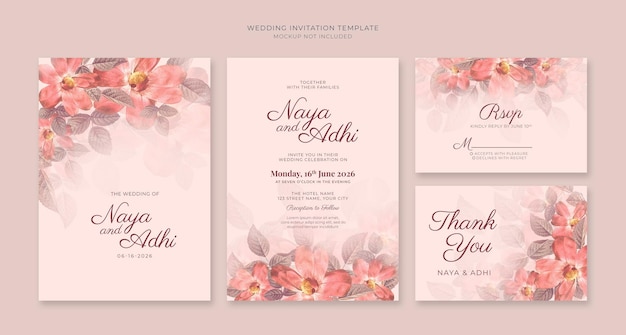 PSD beau modèle d'invitation de mariage avec des fleurs épanouies au coin