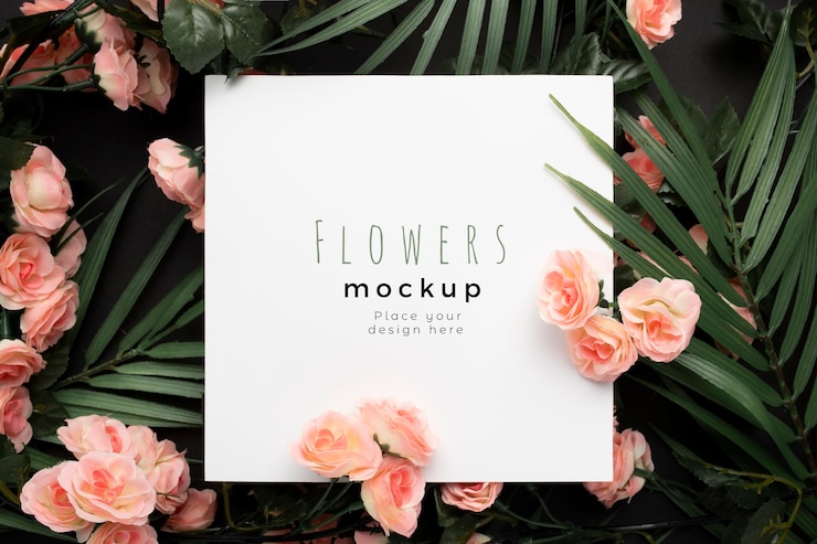 PSD beau modèle de maquette avec des feuilles de palmier avec fond de fleurs roses