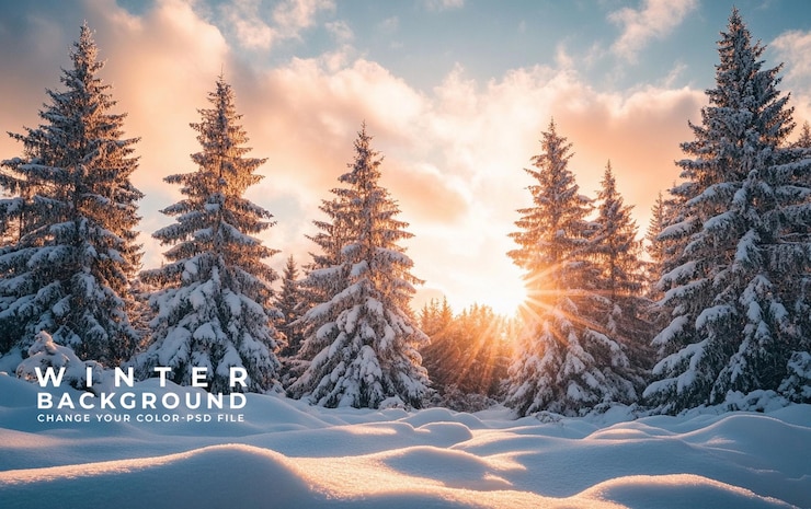 PSD un beau paysage hivernal avec des arbres couverts de neige et un soleil couchant en arrière-plan