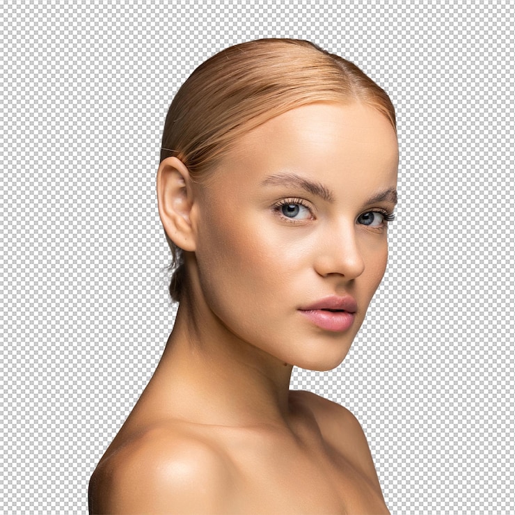 PSD beau visage femme peau saine naturel maquillage spa concept beauté féminine sur gris