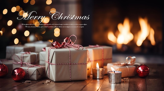 Beaucoup de cadeaux de Noël devant la cheminée et des lumières floues sur l'arbre de Noël dans la soirée caméra sl