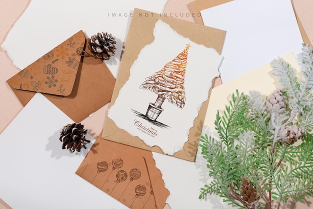 Beaucoup d'enveloppes artisanales avec carte de maquette et sapin de noël sur beige