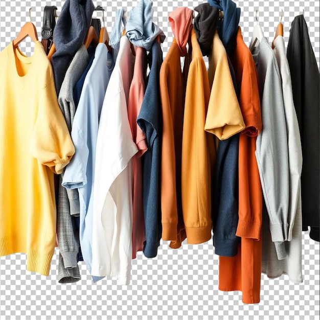 Beaucoup de vêtements différents accrochés isolés sur le fond blanc