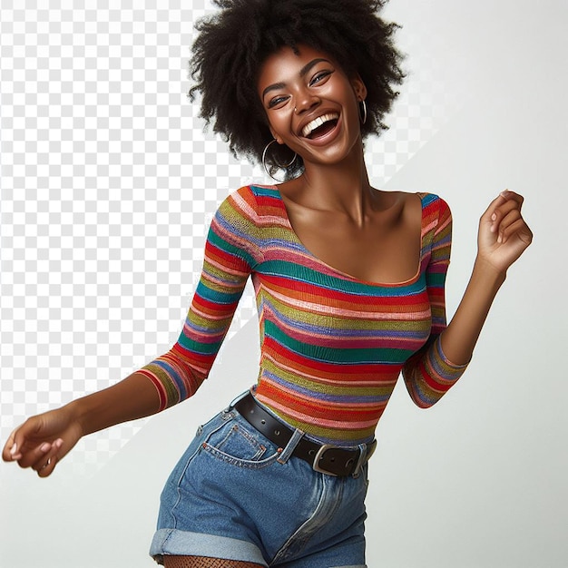 PSD la beauté afro-américaine dansant le visage riant dans des vêtements colorés sur un fond transparent