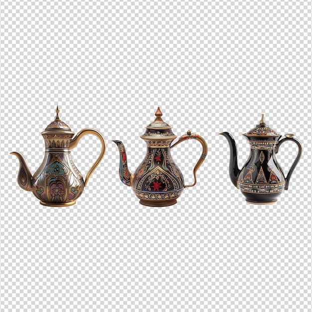 PSD beautiful arabic coffee pot set isolated on transparent background