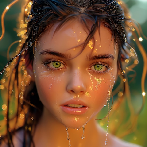 PSD beautiful slavic face wet in the rain face golden hour photography