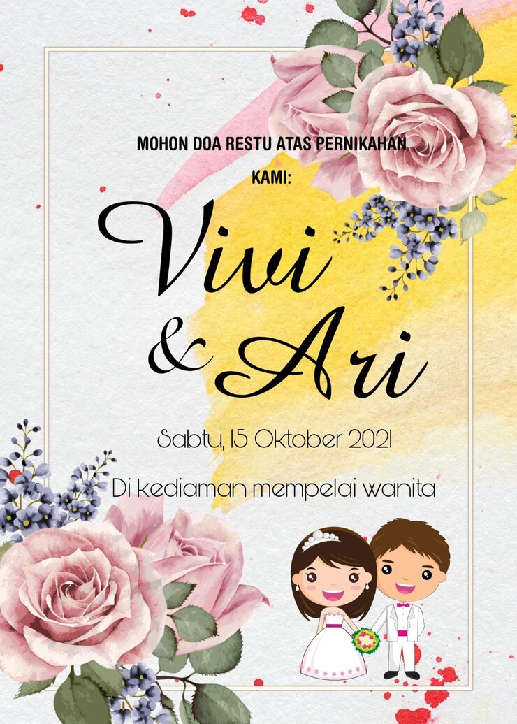 PSD beautiful wedding invitation with blue painted flowers