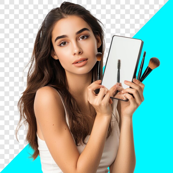 Beautiful woman holding mirror and makeup tools transparent background