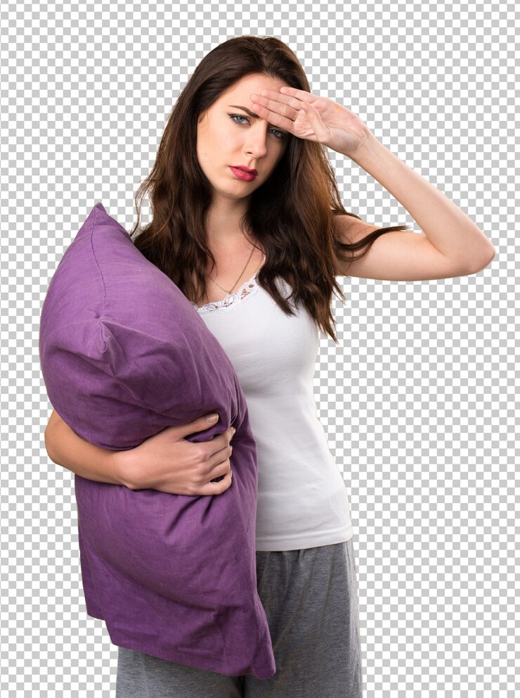 PSD beautiful young girl with a pillow and with fever