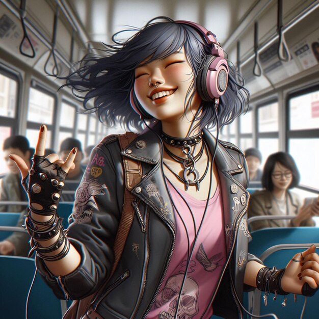 PSD beautiful young hppie freaky trendy asian woman with headphones plugs listening to music in a bus