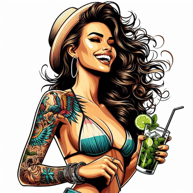 PSD beautiful young hppie freaky trendy tattoo woman enjoying drink mojito cocktail at the pool