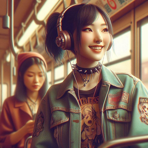 PSD beautiful young hppie freaky trendy woman with headphones plugs listening to music in a bus