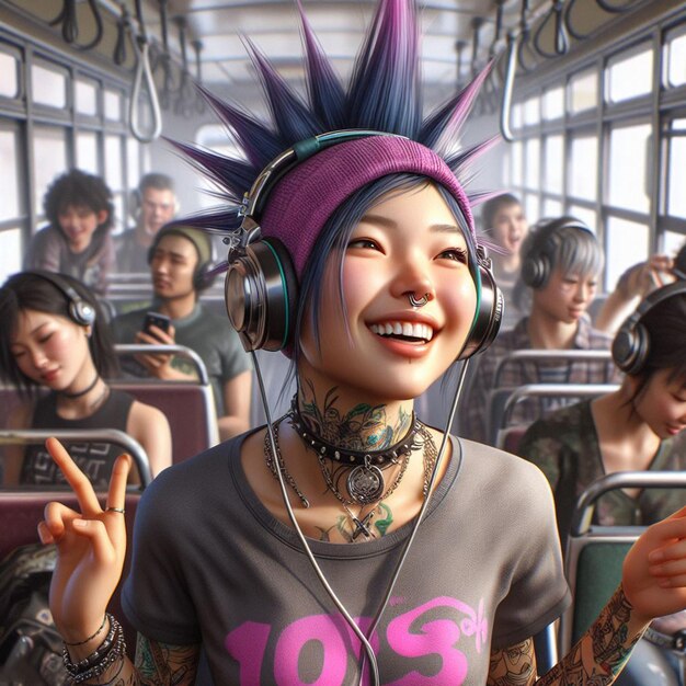 PSD beautiful young hppie freaky trendy woman with headphones plugs listening to music in a bus