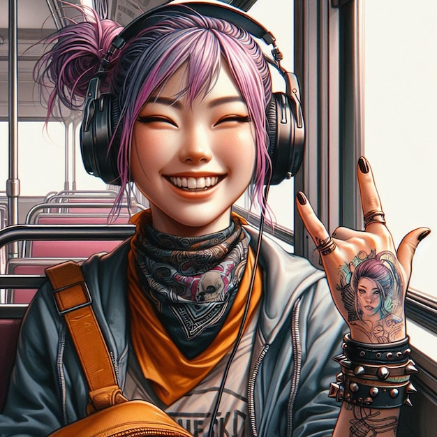 PSD beautiful young hppie freaky trendy woman with headphones plugs listening to music in a bus