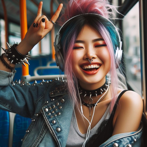 PSD beautiful young hppie freaky trendy woman with headphones plugs listening to music in a bus