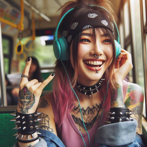 PSD beautiful young hppie freaky trendy woman with headphones plugs listening to music in a bus