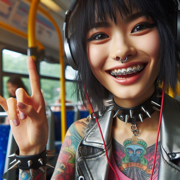 PSD beautiful young hppie freaky trendy woman with headphones plugs listening to music in a bus