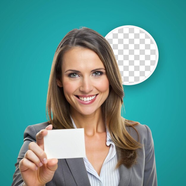 PSD beautiful young woman holds blank card