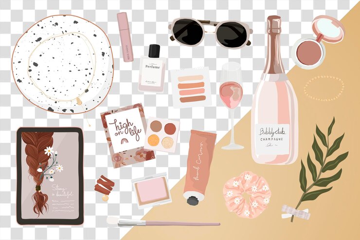 PSD beauty blogger essenziali adesivo png rosa illustrazione femminile set
