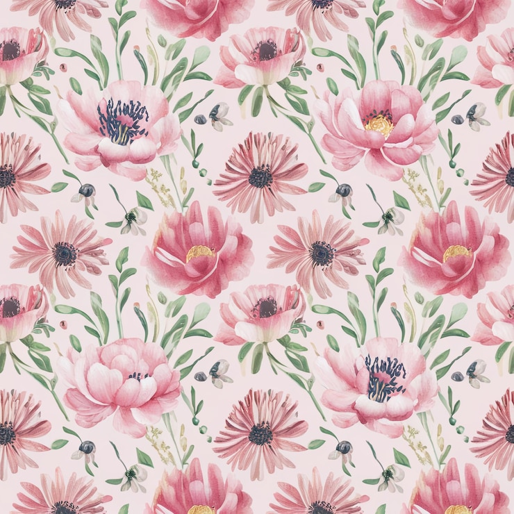 PSD beaux motifs sans couture pionnées anémones et autres fleurs sauvages aquarelle