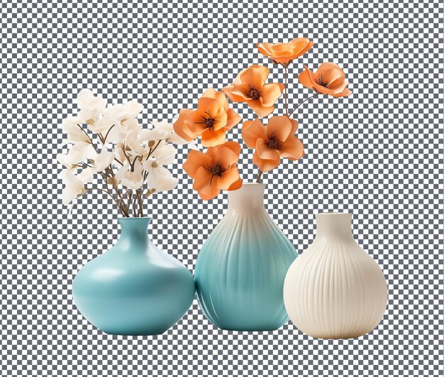 PSD de beaux vases avec des fleurs colorées isolées sur un fond transparent