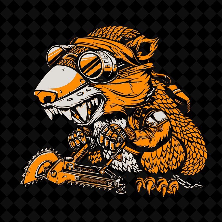 PSD beaver robótico png con dientes de metal y una poderosa sierra que lleva un vector de contorno de la mascota animal