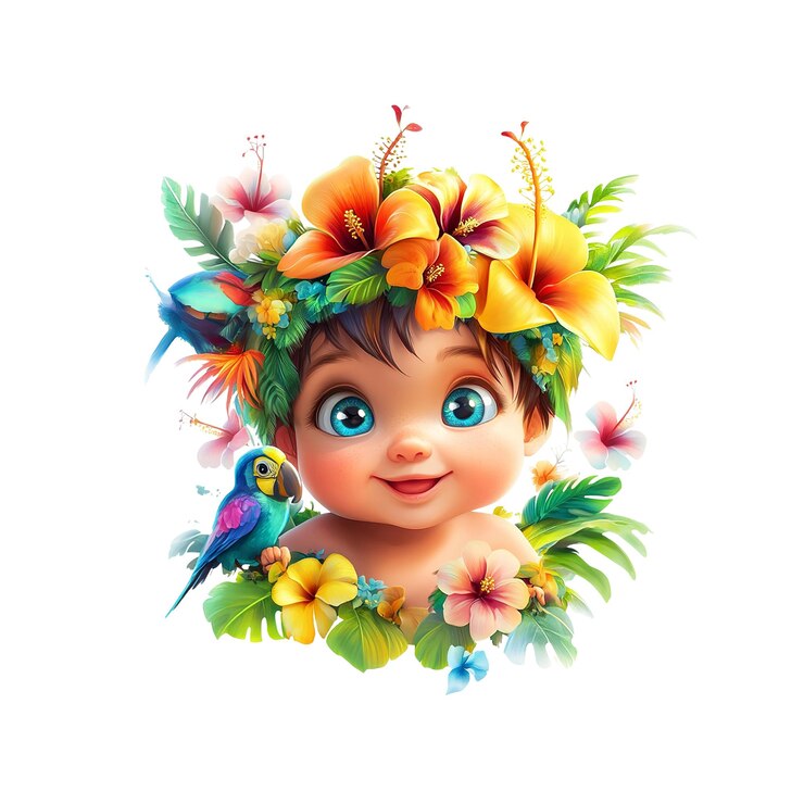 PSD un bebé adorable con flores tropicales y un loro ilustración digital