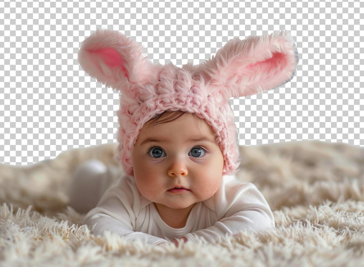 PSD un bebé adorable con orejas de conejo rosas.