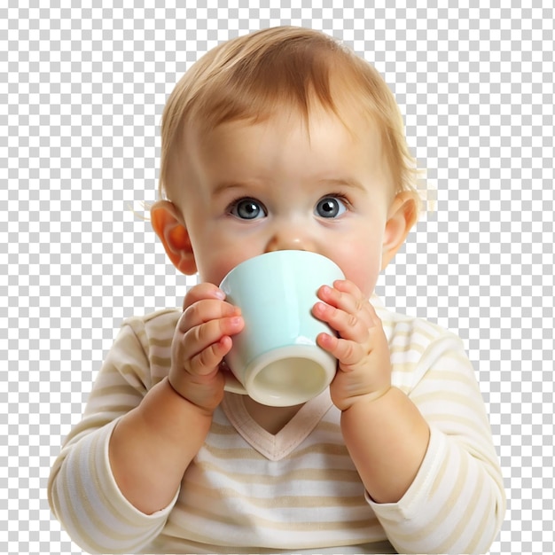 Bebé bebiendo de una taza aislada sobre un fondo transparente