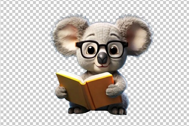 PSD bebê coala personagem de desenho animado 3d lendo um livro