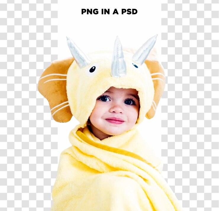 PSD bebê de criança usar toalha triceratops com capuz isolada em fundo transparente