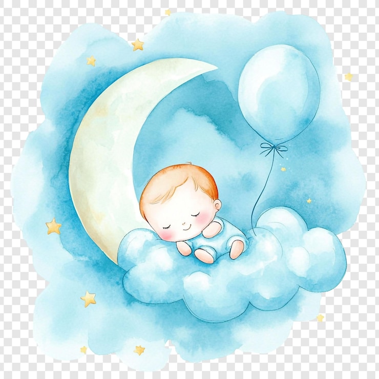 PSD bebê dormindo em uma nuvem com uma lua e estrelas