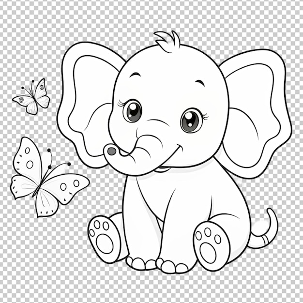 un bébé éléphant mignon et un dessin de contour de papillon