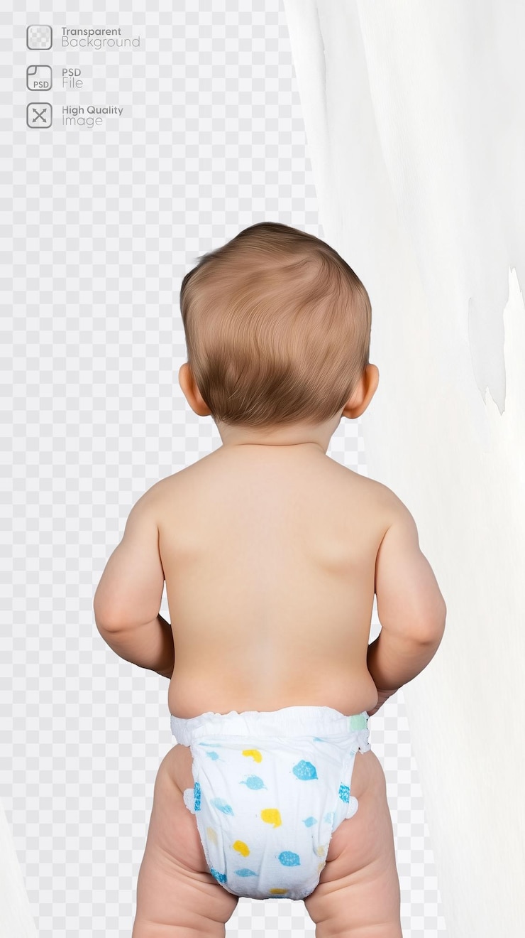 PSD bebê em fraldas de pé com as mãos nos quadris em fundo transparente
