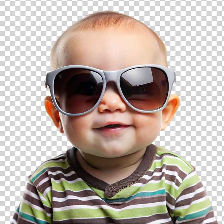 PSD bebé con gafas de sol y camisa a rayas sonriendo a la cámara en un fondo transparente