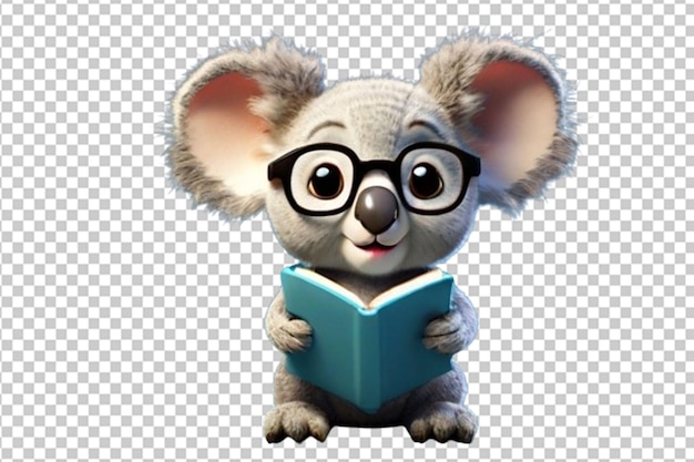 PSD bébé koala personnage de dessin animé 3d lisant un livre